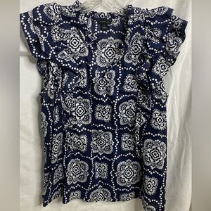 Ann Taylor - blue and white, sleeveless ruffle top.